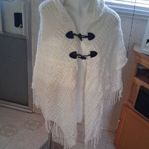 White Knit Poncho with Toggle Closures